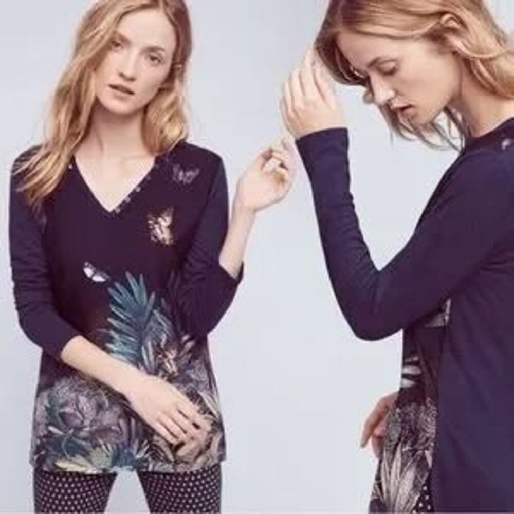 Anthropologie Akemi + Kin Linen Blend Flowing Butterfly Botanical Print Blouse